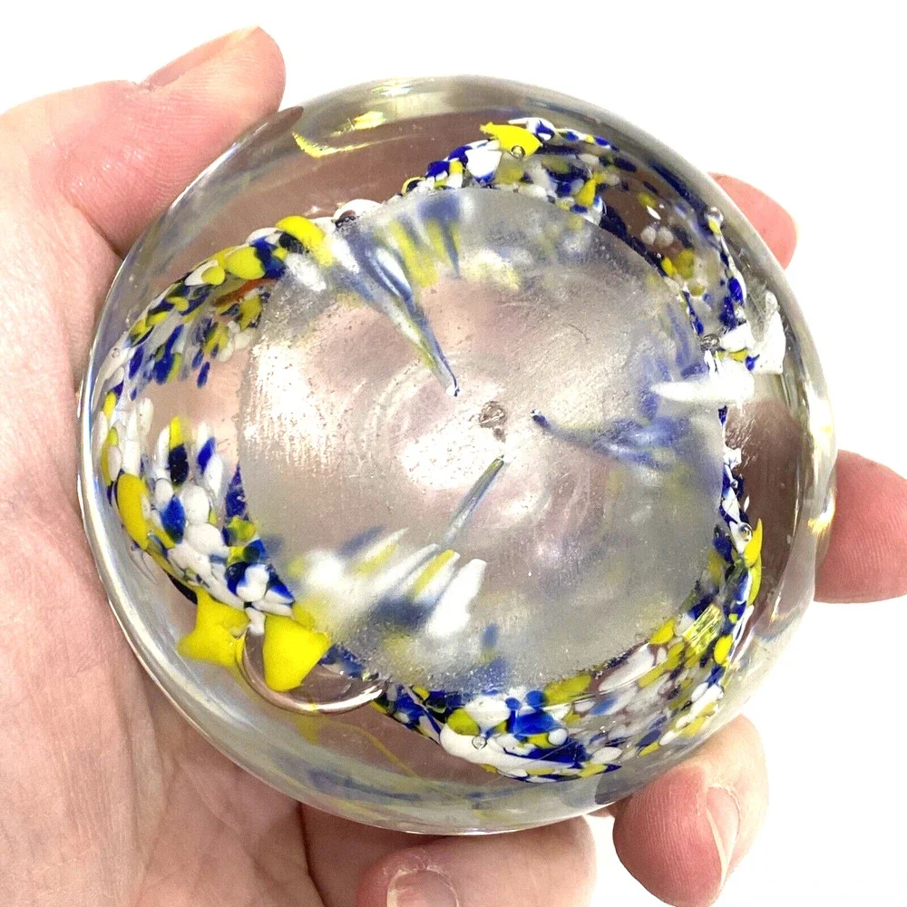 Vintage art glass candle holders pair (2) royal blue yellow white flower bubble